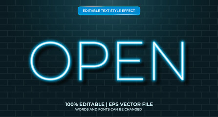 Open neon glowing text effect isolated on brick background. Editable text effect