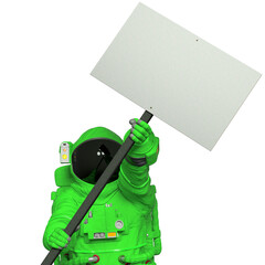astronaut is holding up a white placard close up view
