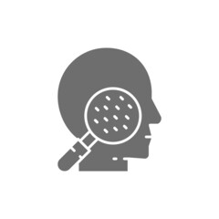 Face under magnifying glass, skin allergy, rashes, dermatitis grey icon.