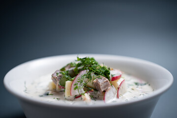close up of russian traditional cold soup okroshka in bowl on black background