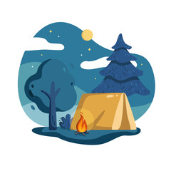 Naklejka premium Summer night landscape flat vector illustration with tent, bonfire and forest
