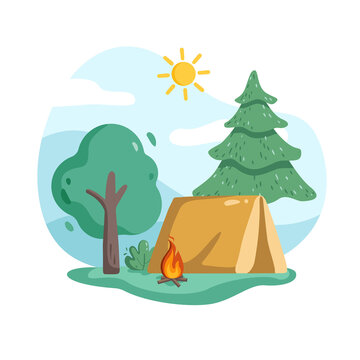 Summer landscape flat vector illustration with tent, bonfire and forest