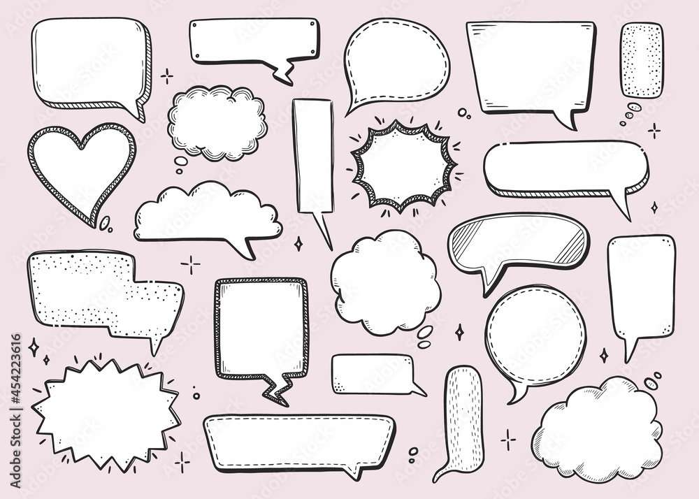 Aufkleber comic speech bubble set with round, star, cloud shape. hand drawn sketch doodle style. vector illust