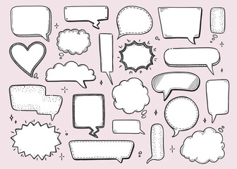 Comic speech bubble set with round, star, cloud shape. Hand drawn sketch doodle style. Vector illustration speech bubble chat, message element for quote text.