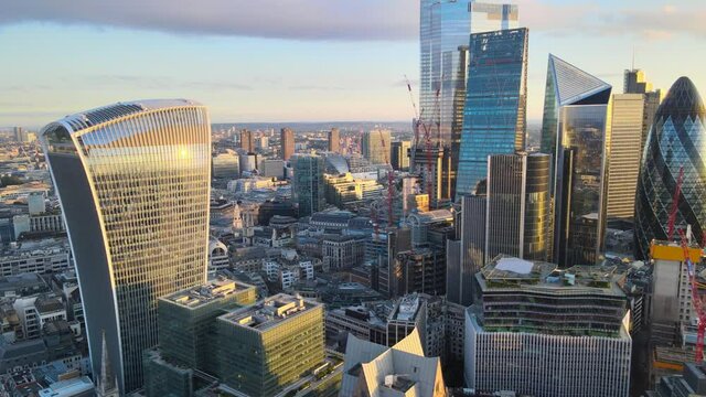 commercial City district. Modern skyscrapers in morning sunshine. London, UK