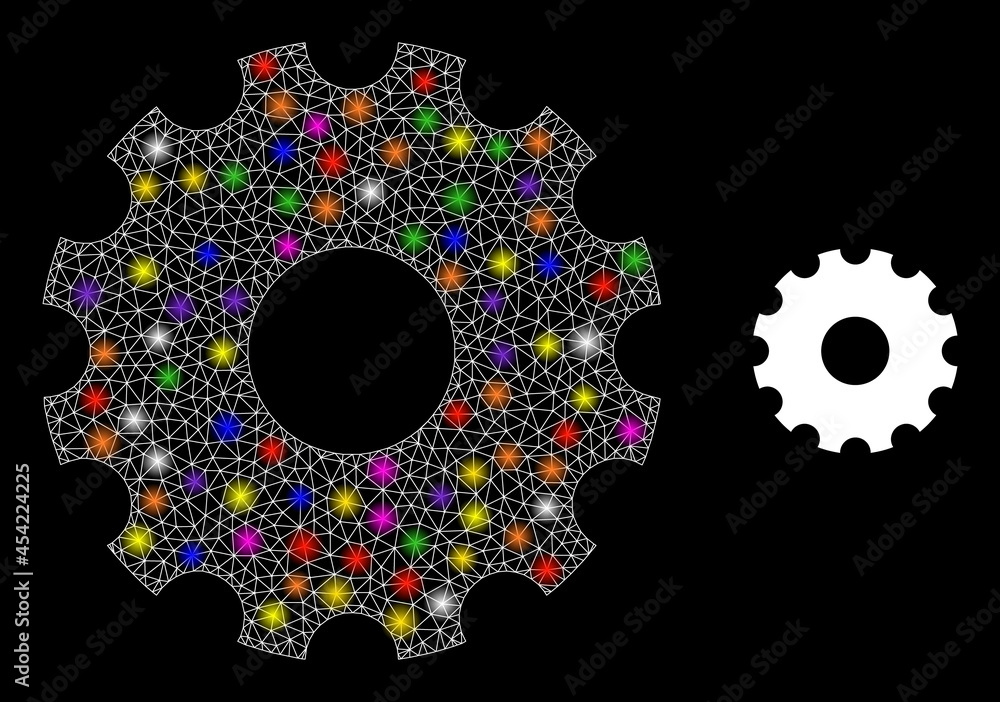 Poster bright mesh gearwheel constellation icon with lightspots. illuminated vector model based on gearwhee