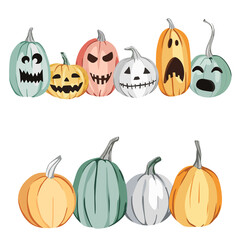 Halloween carved pumpkins vector illustrations. Jack-o'-lantern vector border, scary pumpkins frame, Halloween party