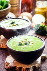 vegan soup of green vegetables, detox and creamy soup of peas, broccoli and other vegetables