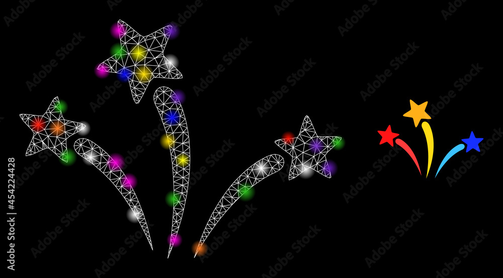 Poster bright network fireworks glare icon with light spots. illuminated vector model based on fireworks ic