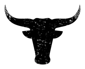 Bull head icon with scratched effect. Isolated vector bull head icon image with grunge rubber texture on a white background.
