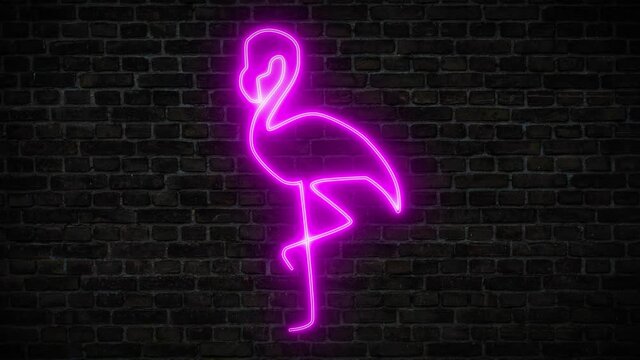 Illuminated silhouette of pink flamingo. Glowing Neon light sign on brick wall background. Used for decoration bar, party, nigh club. Retro luminous banner