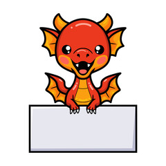 Cute red little dragon cartoon with blank sign