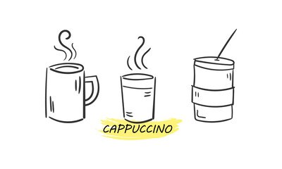 Set of hot drink in hand drawn doodle.