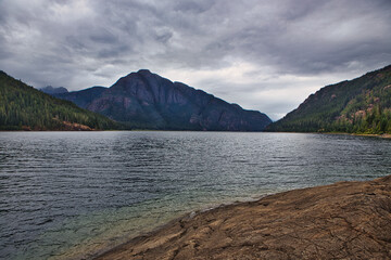 Decades-old tree stumps remain as witnesses to the clear-cutting that was used to make this reservoir of Lake Buttle.