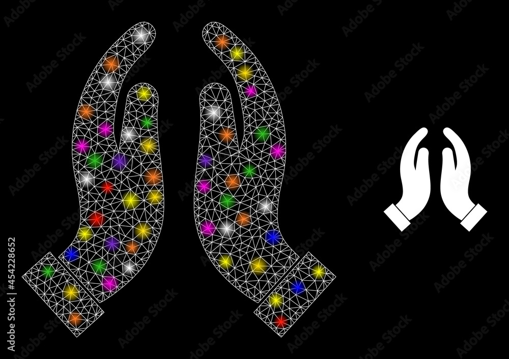 Poster bright mesh praying hands constellation icon with lightspots. illuminated vector constellation based