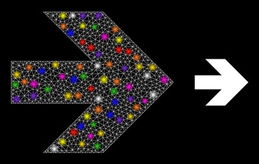 Glossy network move right glare icon with light spots. Illuminated vector constellation based on move right icon. Sparkle frame mesh move right on a black background.