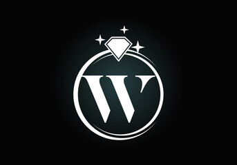 Initial W monogram letter alphabet in a circle with Diamond. Diamond Ring Logo. Jewelry logo design concept. Modern vector logo for business and company identity.