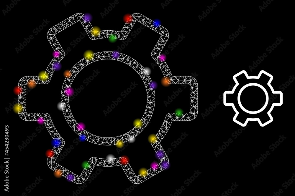 Poster glossy mesh contour gear constellation icon with light spots. illuminated vector constellation based