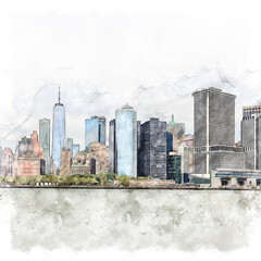 Fototapeta premium Abstract watercolor Manhattan, Empire State Building, buildings and streets