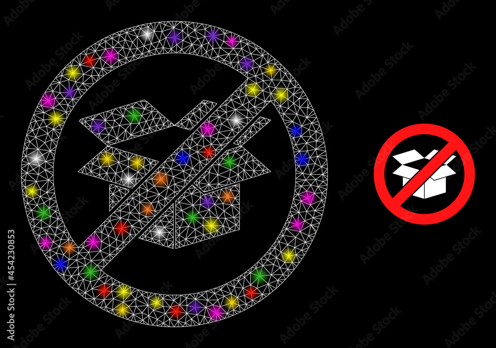 Poster bright network stop carton box glare icon with light spots. illuminated vector model based on stop c