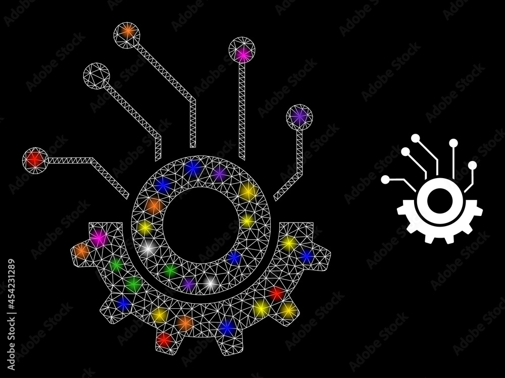 Poster glossy net gear electronics glare icon with lightspots. illuminated vector model based on gear elect