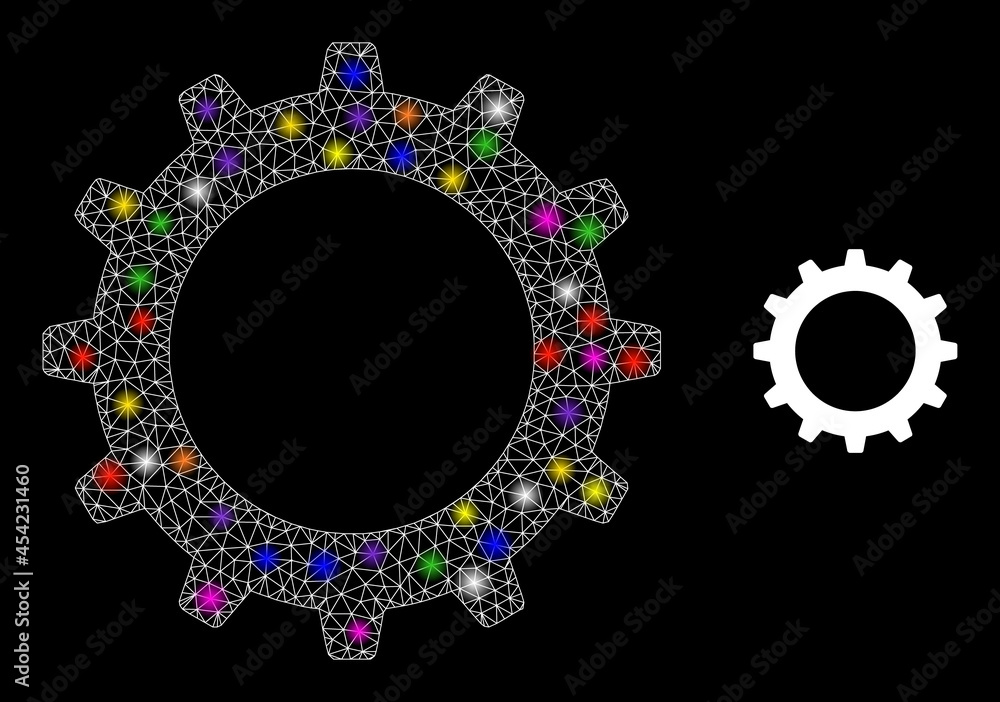 Aufkleber flare mesh cogwheel constellation icon with light spots. illuminated vector constellation based on c