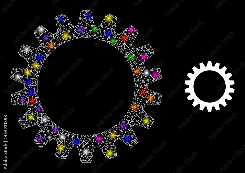 Poster glossy mesh cogwheel glare icon with light spots. illuminated vector model based on cogwheel pictogr