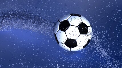 Soccer Ball with Diamond Water Particles under Blue Sky Lighting Background. 3D illustration. 3D high quality rendering. 3D CG.