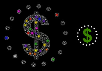 Glowing network dollar zone constellation icon with lightspots. Illuminated vector constellation based on dollar zone icon. Sparkle frame polygonal dollar zone on a black background.