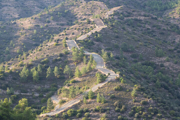 Panoramic landscape. Curve countryside road in Cyprus.