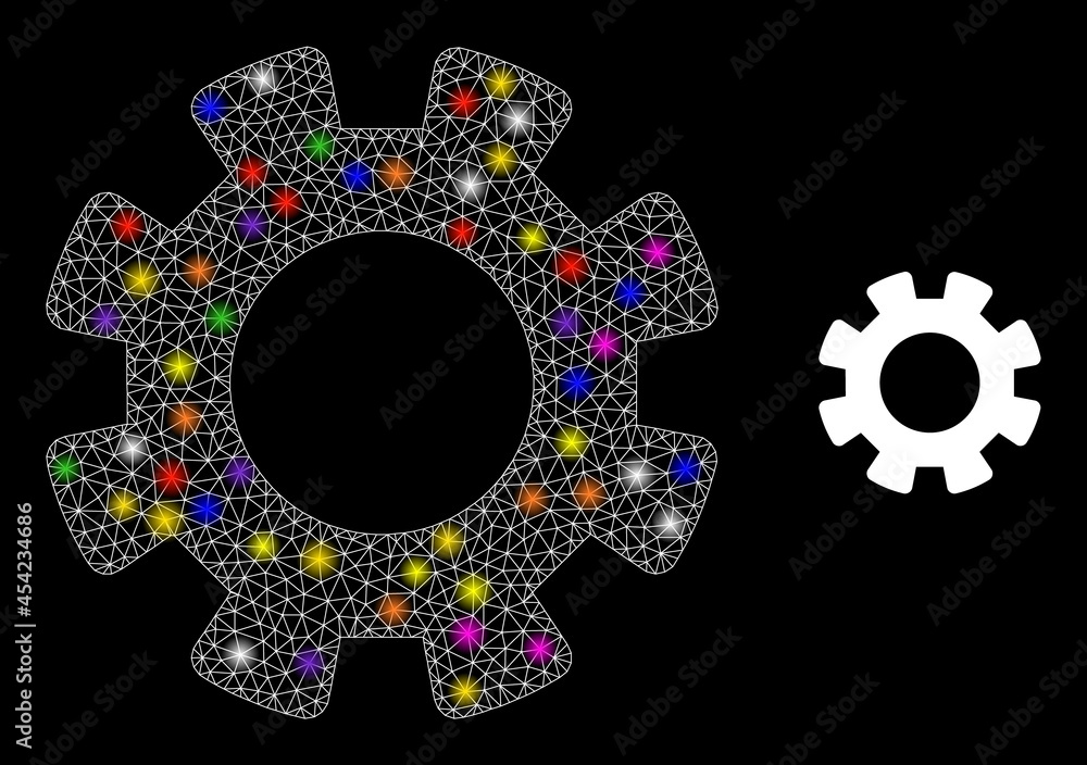 Poster flare net gearwheel glare icon with lightspots. illuminated vector constellation based on gearwheel 