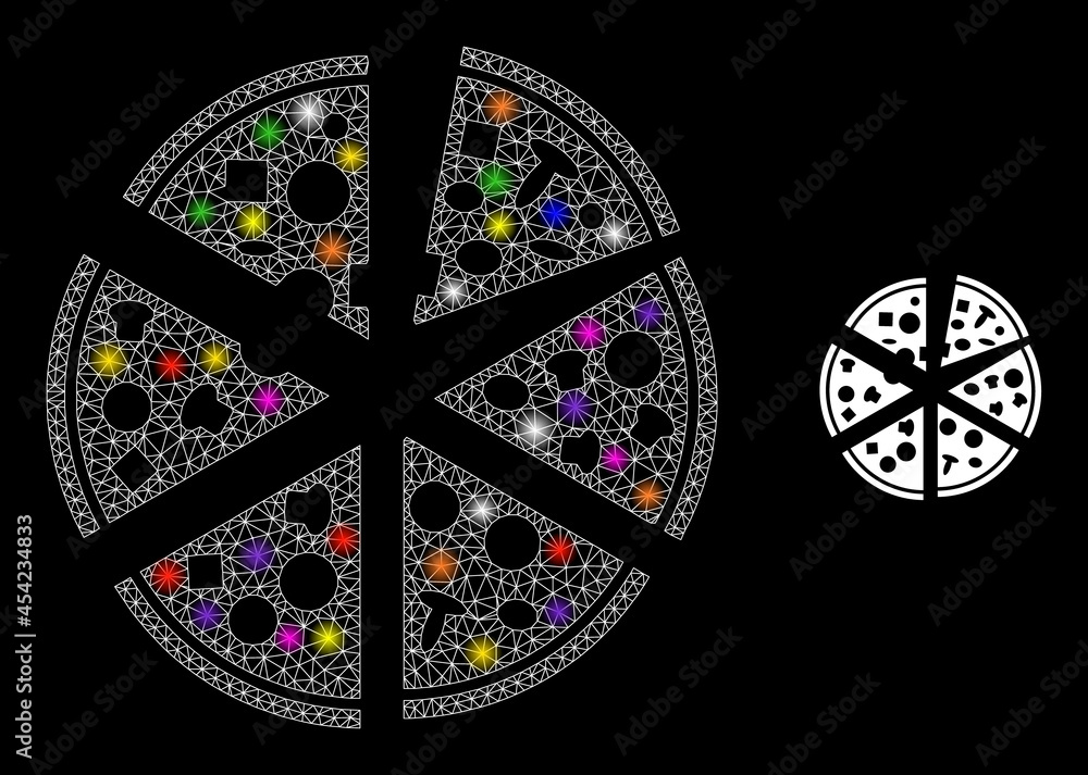 Poster flare mesh pizza pieces constellation icon with lightspots. illuminated vector constellation based o