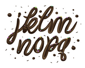 Latin alphabet made of dark melted chocolate with border. Sweet food packaging font. Liquid font style. Vector illustration.	

