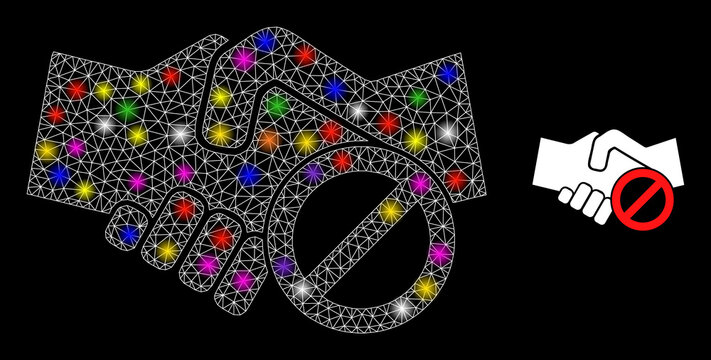 Bright net avoid handshake constellation icon with light spots. Illuminated vector model based on avoid handshake icon. Sparkle frame mesh avoid handshake on a black background.