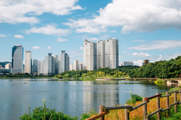 Modern buildings and Gwanggyo Lake Park in Suwon, Korea