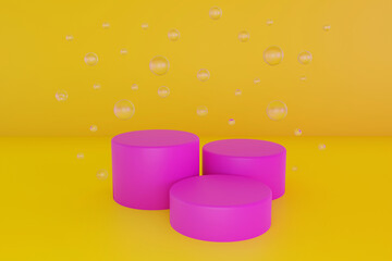 Bright yellow minimal three 3d background with neon effect. Poster design with studio podium platform, glass balls and bubbles. Abstract 3d render.