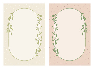 Uniwersalne ręcznie rysowane ramki botaniczne z zielonymi gałązkami - szablony idealne na jesienne lub letnie wesele, zaproszenia urodzinowe, baby shower, wzór menu. © Monika