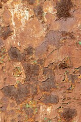 Expressive rusty background with old cracked brown paint with green splashes