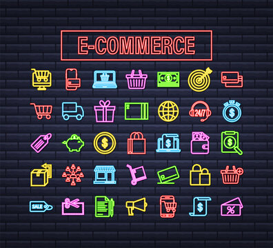 Shopping set neon icon for web design. E commerce. Discount coupon. Business icon. Price tag. Line vector. Vector stock illustration.