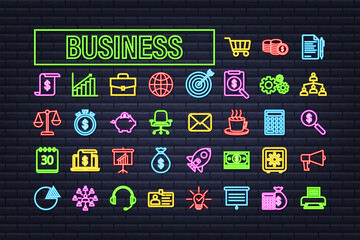 Business neon icon set. Marketing network. Money line icon set. Vector stock illustration.