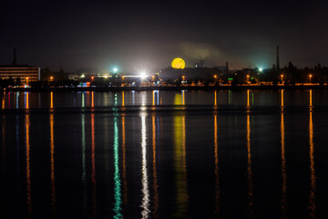 Night view of the Dnieper river and Dnipro city in Ukraine