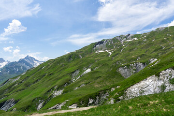Panoramic view of relaxing mountain scenery with mountains in the background and meadow, grass, and rocks on a nice, sunny day
