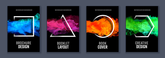 Watercolor black background over geometric frame vector design, logo and sale banner template set