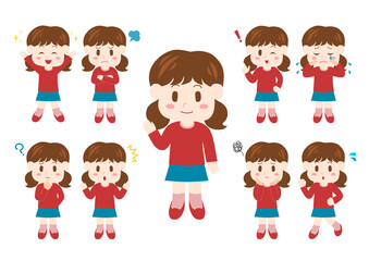 幼い女の子のポーズと表情のイラスト: 全身セット