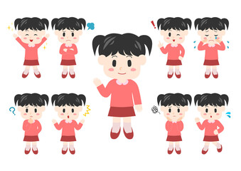 幼い女の子のポーズと表情のイラスト: 全身セット