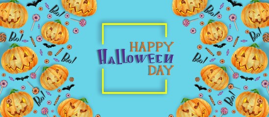 Halloween Poster with Halloween candy and Halloween pumpkin orange. Lettering Happy Halloween Day