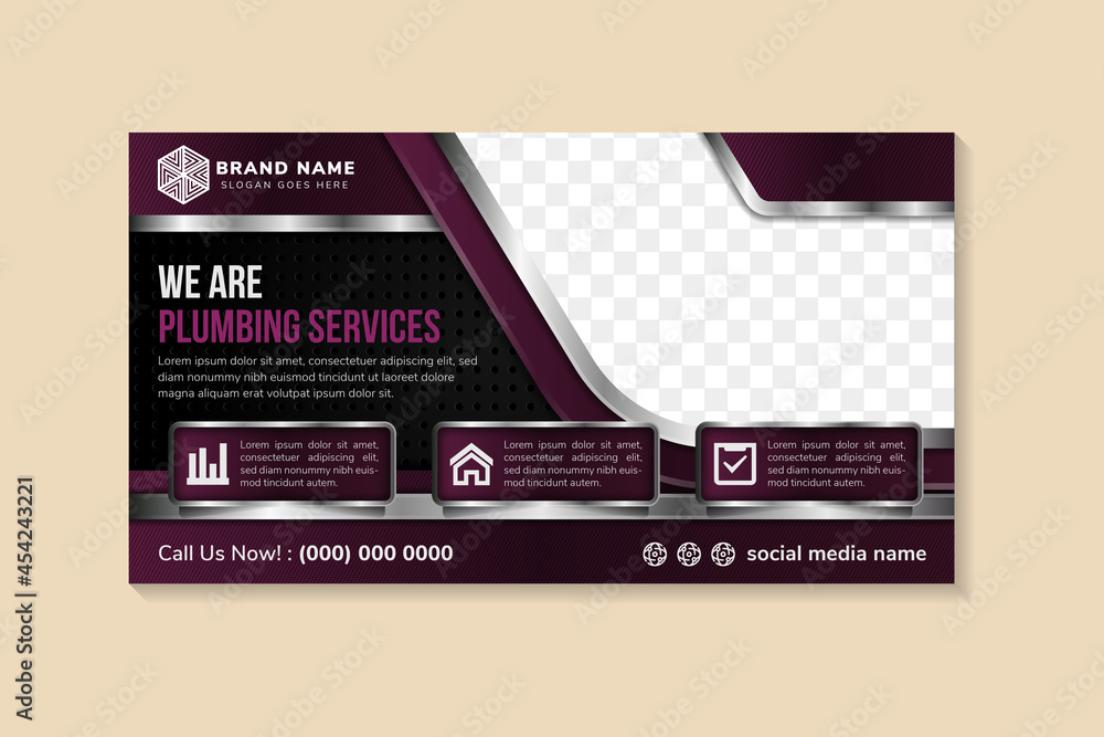 Aufkleber template of horizontal vector web banner with rectangle and dot pattern elements. plumbing services 