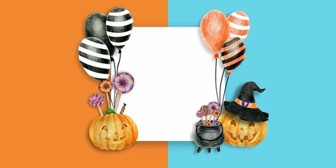 Halloween Background . Trick or Treat Concept. Halloween pumpkins on background. Party Balloons) with copy space.