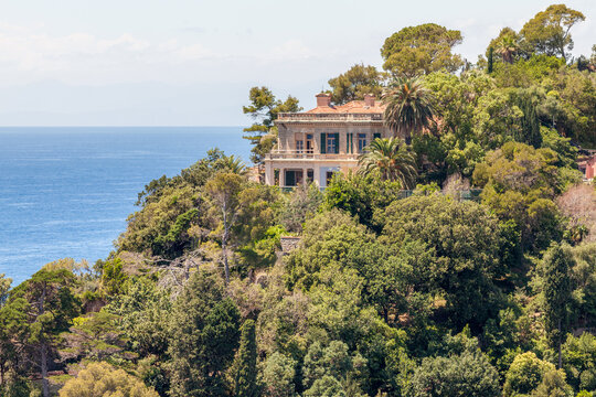 View of green lush hills of Portofino town area, Ligurian seaside, Italy
