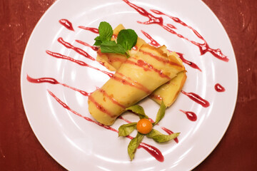 Pancakes with salmon and cream cheese. Party snack